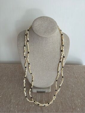 VTG 90’s Genuine Pearls 10kt Gold & Black Onyx Beads Luxury Opera Necklace